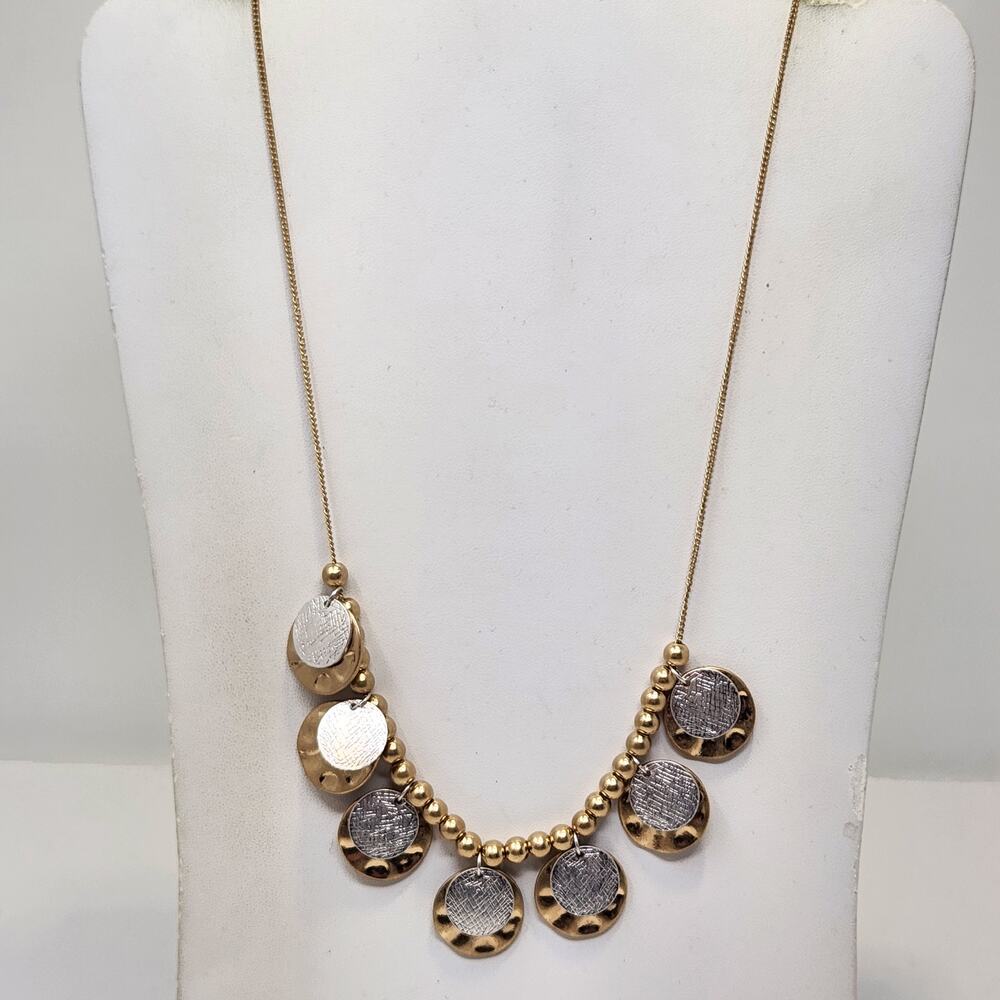 Banana Republic Gold Silver Tone Hammered Disc Chain Necklace Slider Adjustable